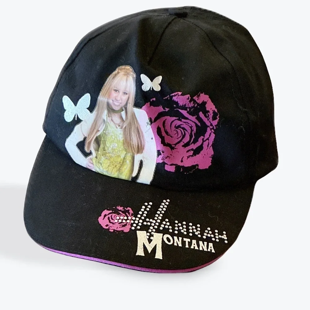 Disney Hannah Montana Miley Cyrus Y2K Black Rhinestone Hat Cap Roses Girls
